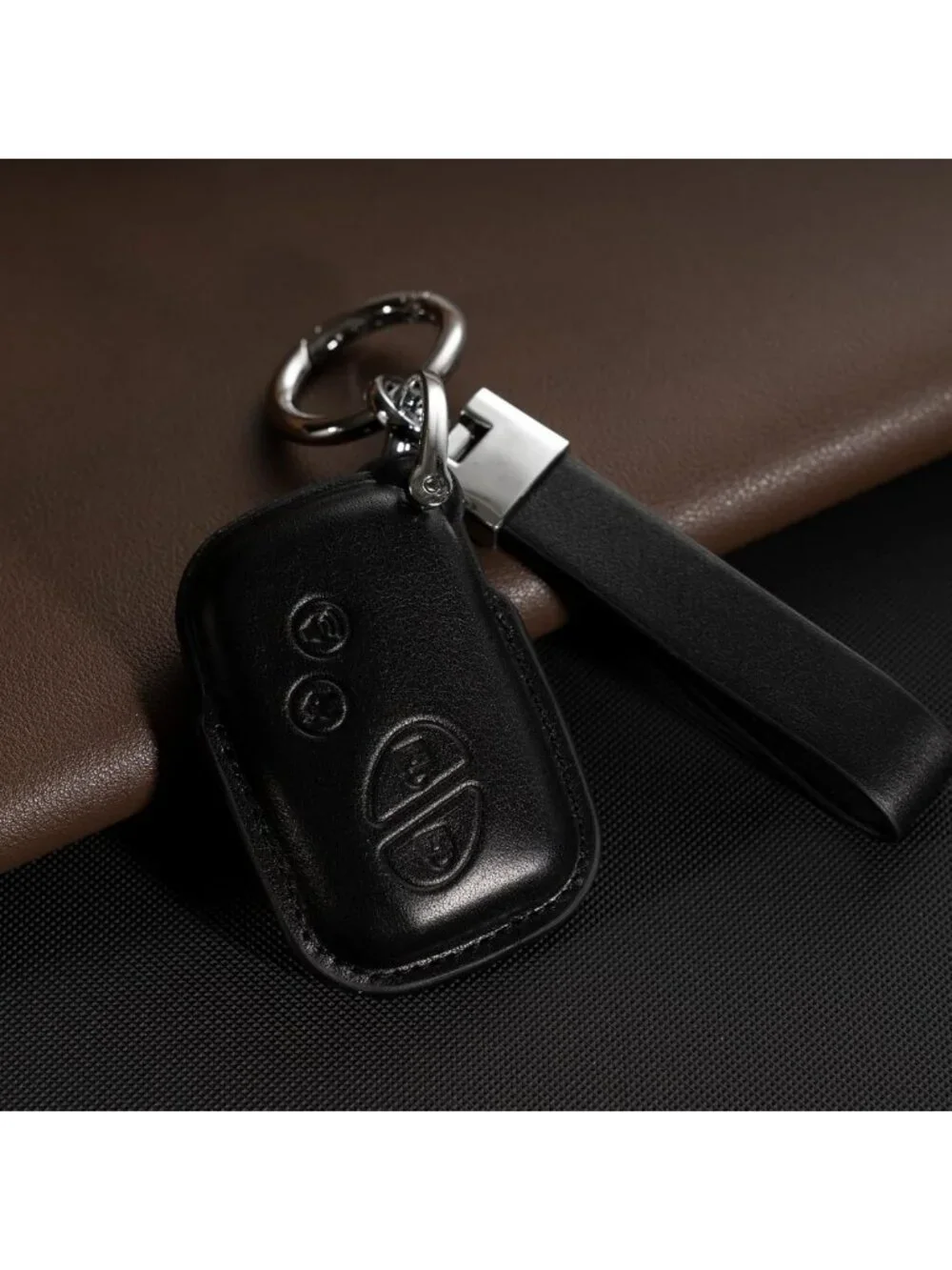 Stylish Black Leather Keychain & Car Key Fob Cover - Compatible Accessories for